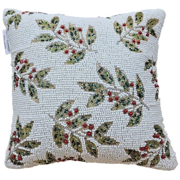 Glitz + Glimmer Beaded Holiday Pillow 12" x 12" Christmas Holly Berry Holiday - Picture 1 of 10